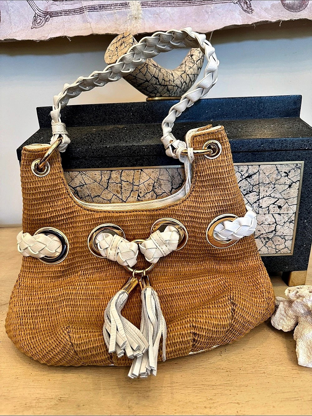 Michael Kors Braided Hobo Shoulder Bag in Brown & White